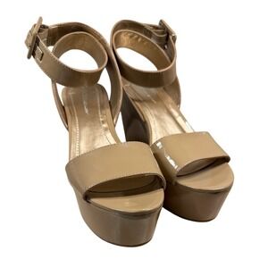 BCBG Generation BG-LEE Camel Patent Leather Wedge Ankle Strap Sandals Size 7.5M